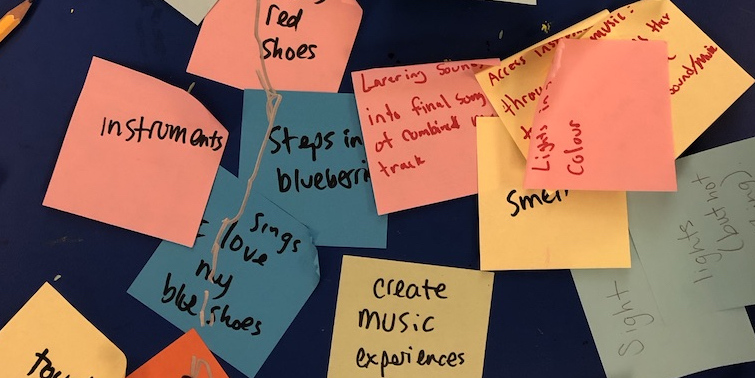 Notes from an exploration workshop with the partnering school teachers A collection of sticky note papers with notes written on them